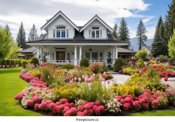 A beautiful house with a colorful garden