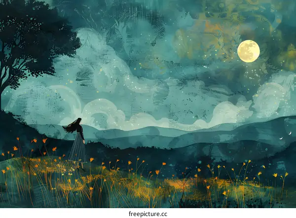 girl standing in a field of flowers looking at the moon