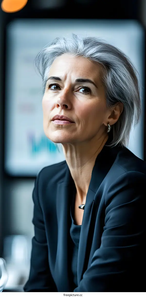 Portrait of a Confident Woman with Grey Hair Wearing a Black Blazer