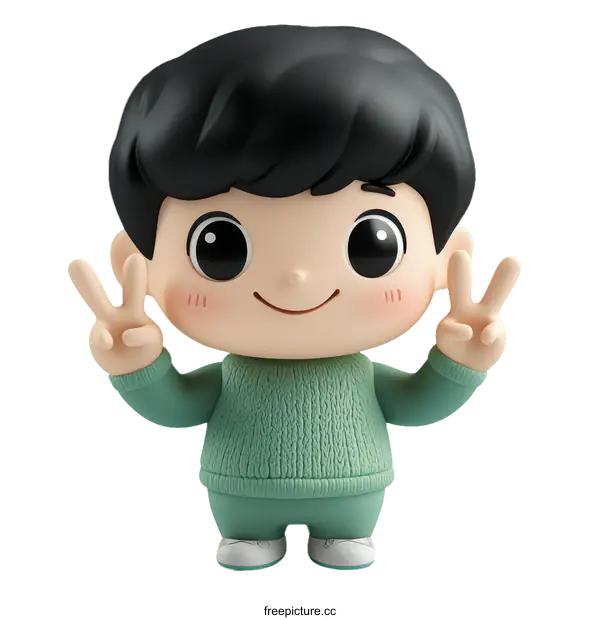 [Transparent Background PNG]Cheerful Cartoon Boy Making Peace Sign