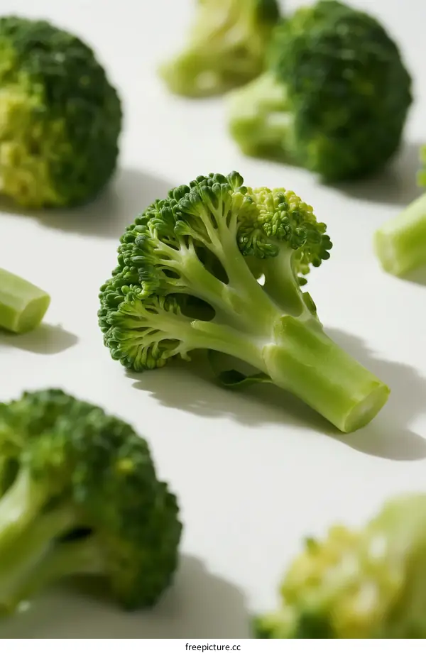 Fresh green broccoli florets on white background
