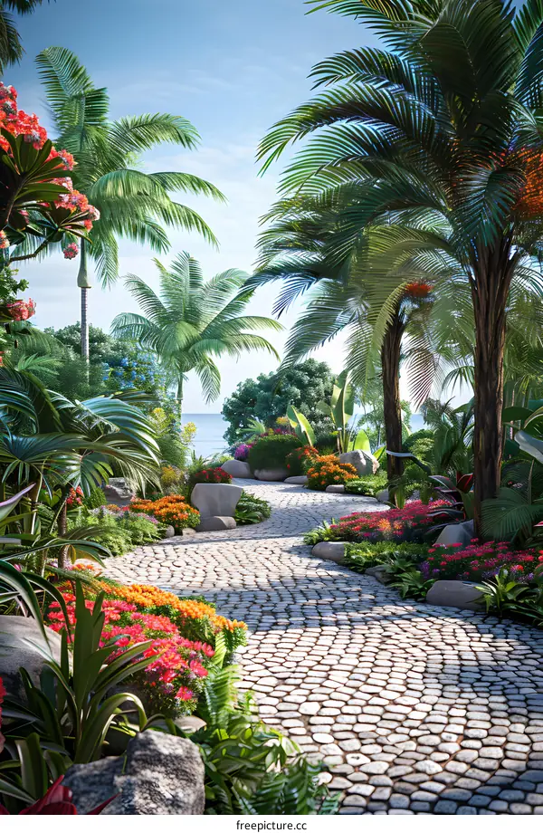 Stone path through a tropical garden