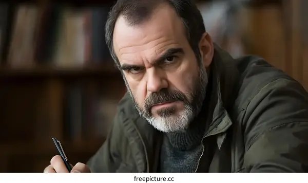 Serious Man Holding Pen Close Up Portrait