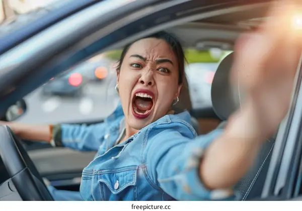 Angry woman driving car and gesturing middle finger