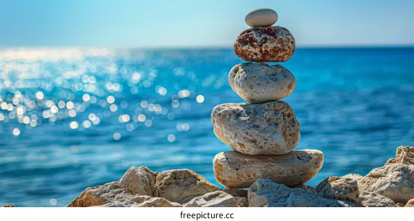 Stacked Stones on a Beach with Blue Water in the Background