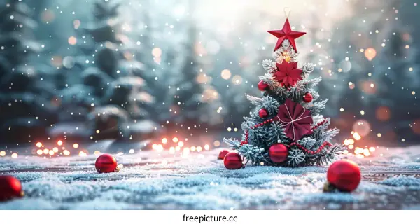 Christmas tree covered in snow and decorated with red and white ornaments