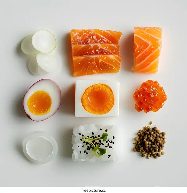 Salmon and Egg Sushi Plate with Daikon Radish and Caviar