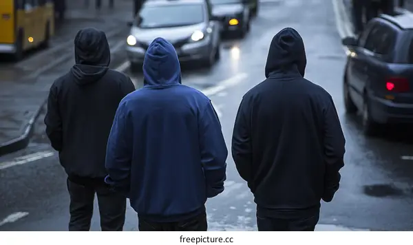 Three hooded figures walking on a city street
