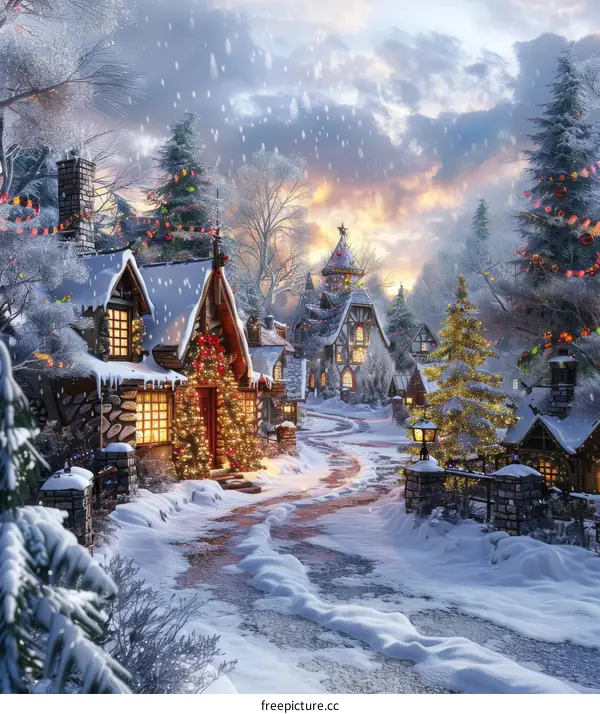 Snowy Christmas Village Street with Festive Decorations