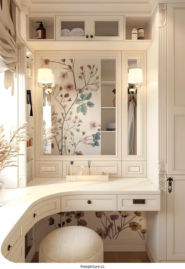 White Vanity Set with Floral Wallpaper in Bathroom