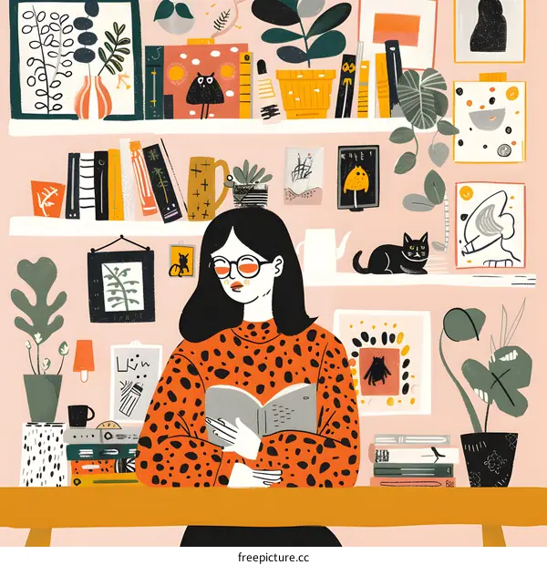 Woman Reading Book in Cozy Home Office