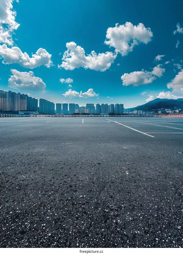 Empty Parking Lot with City Skyline View in Distance
