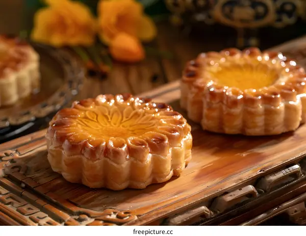 Delicious Pastry Tart with Orange Filling on Wooden Tray