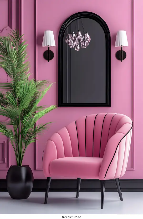 Pink Armchair with Black Trim in a Room with a Mirror and Wall Lights