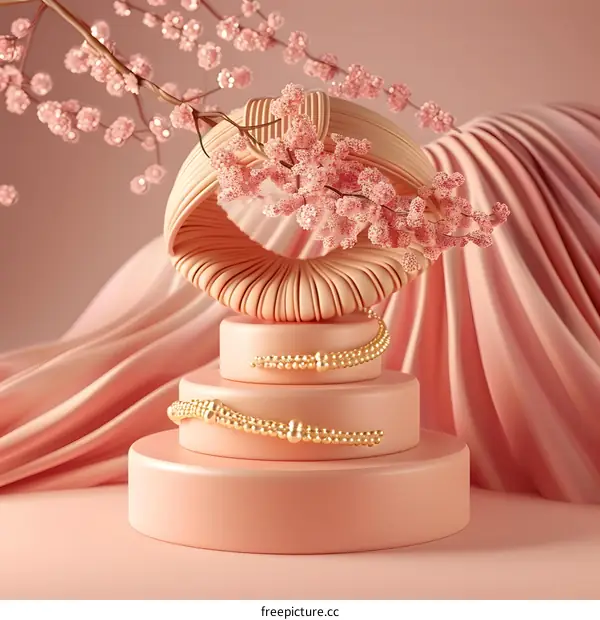 Pink Abstract 3D Illustration with Golden Decoration