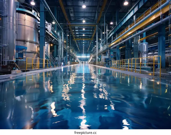 Blue liquid in an industrial building