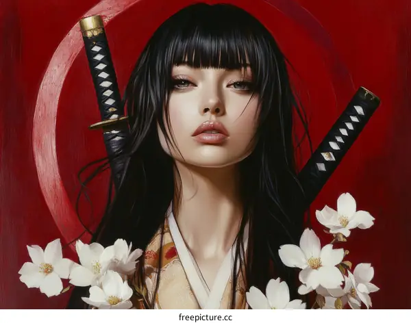 Asian Woman with Katana and Blossoms