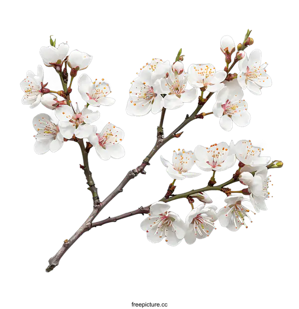 [Transparent Background PNG]White cherry blossom branch on white background