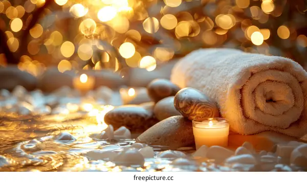 Spa background with white towel, candle and zen stones