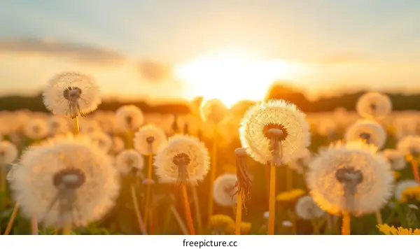 Close-up of dandelion seeds in a field at sunset