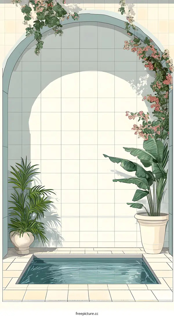 Minimalist Pool Illustration With Plants And Tile Walls