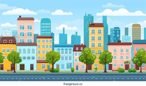 Cityscape with Buildings and Trees