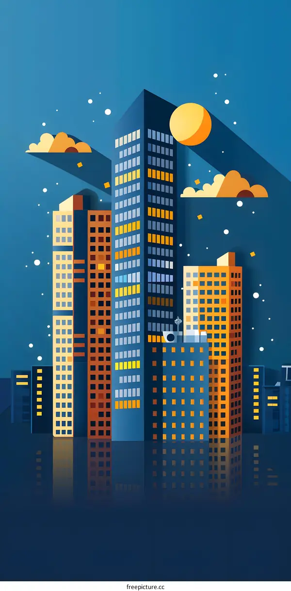 Night City Skyline with Moon and Clouds Illustration
