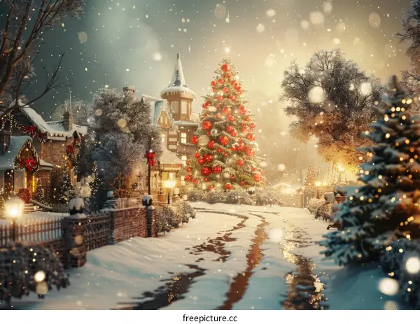 Snowy Village Christmas Scene with Majestic Tree