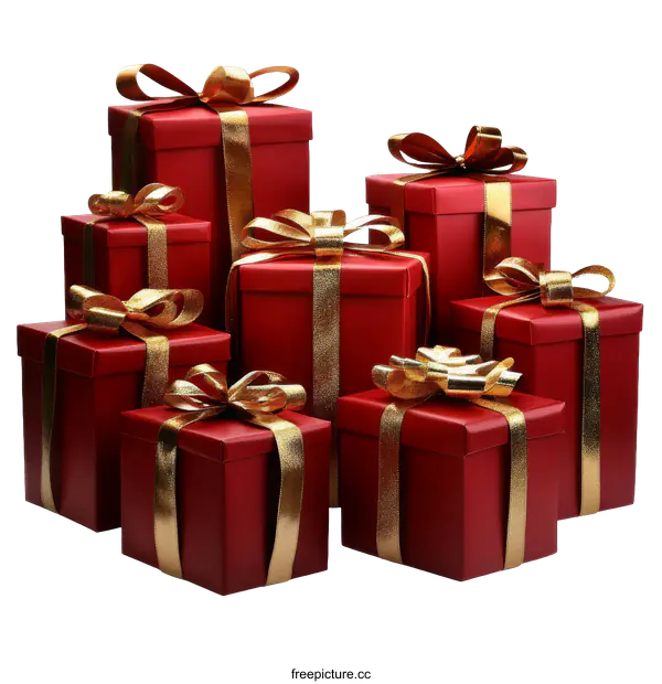 [Transparent Background PNG]Red Gift Boxes with Gold Ribbons