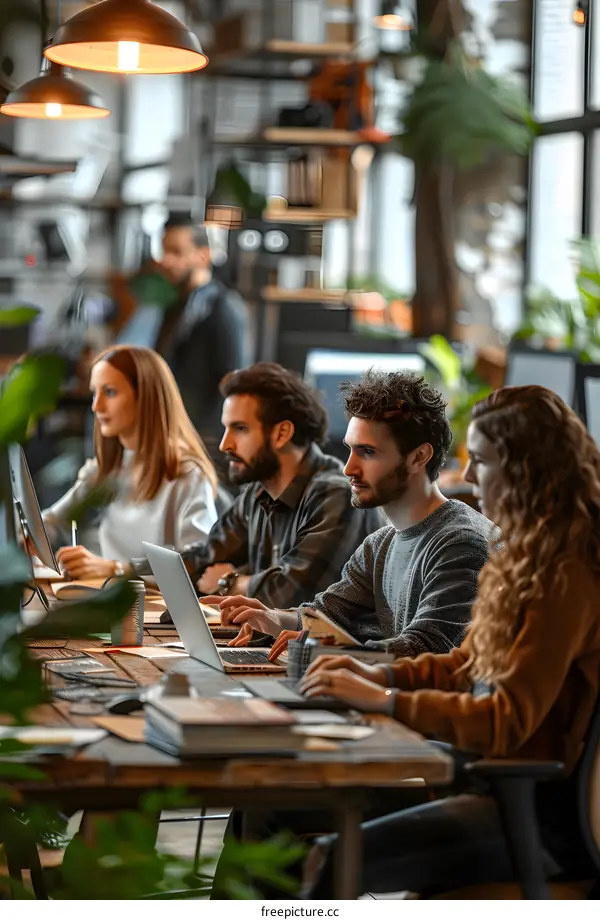 Focused multiethnic business team working together in a creative office space