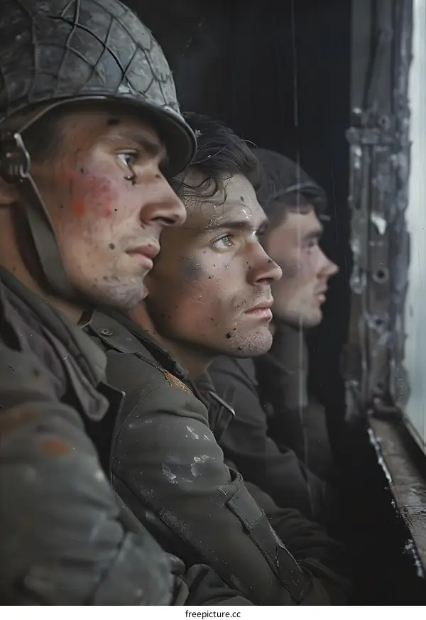 Three American soldiers look out a window during the Battle of the Bulge.