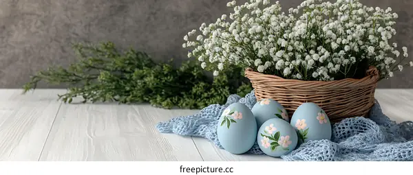 Easter Eggs in a Basket with Flowers