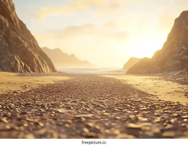 Golden Hour Beach Sunset With Rocks And Sand
