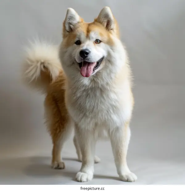 A Beautiful Chow Chow Husky Mix Standing on a Gray Backdrop