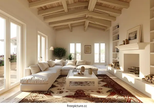 Bright spacious living room with white sofa and fireplace