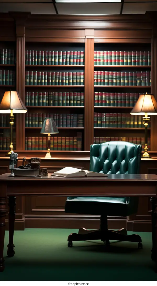 Luxurious Empty Library with Green Leather Chair and Desk