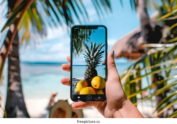 Hand Holding Smartphone Capturing Pineapple and Beach View