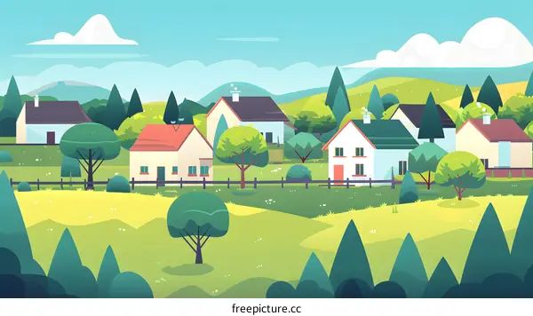 Cartoon Illustration Of A Small Town Surrounded By Green Hills