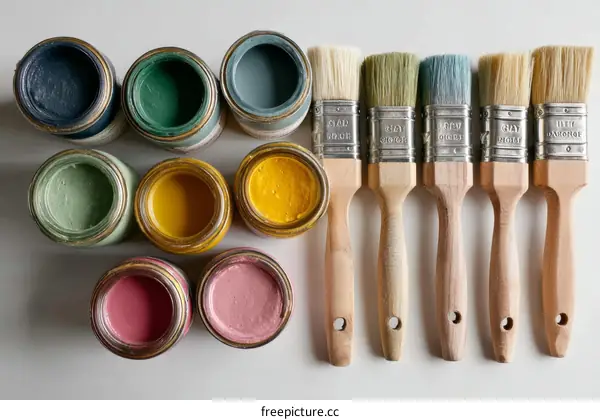 Assorted Paint Colors and Paintbrushes