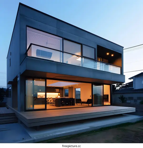 Modern Concrete House with Glass Balcony and Deck