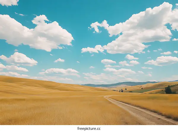 Golden Field With Winding Path And Blue Sky