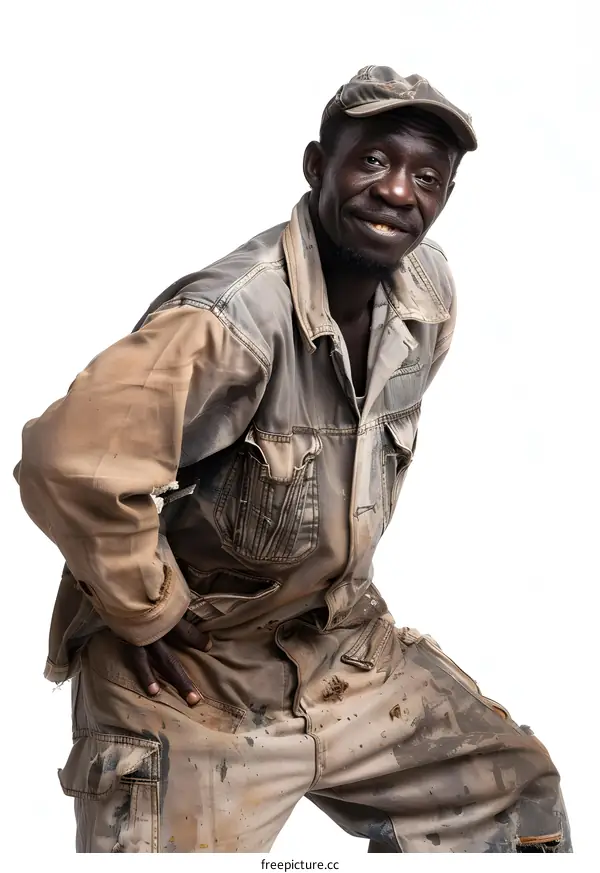 Portrait of a smiling man wearing a cap and dirty work clothes