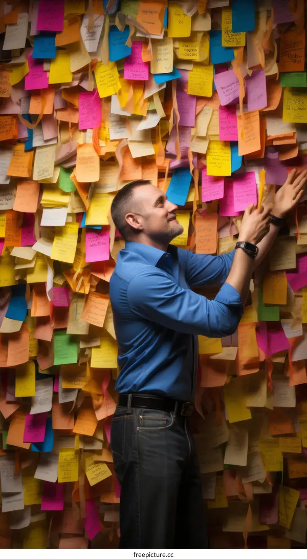 A man in a blue shirt and jeans is standing in front of a wall of colorful sticky notes.