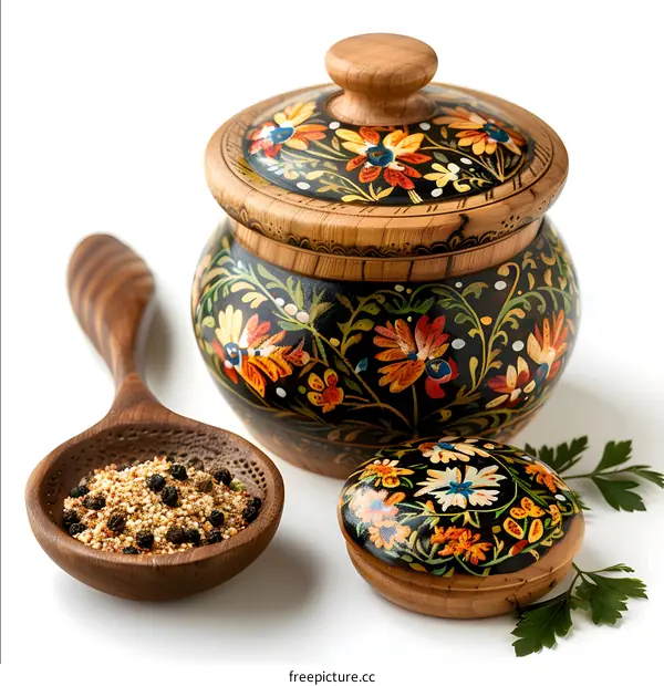 Wooden Jar with Spices and Herbs