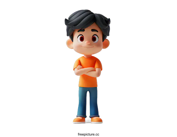 [Transparent Background PNG]Smiling Cartoon Boy with Arms Crossed Standing Against a White Background