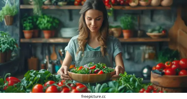 woman holding a bowl of salad in a kitchen
