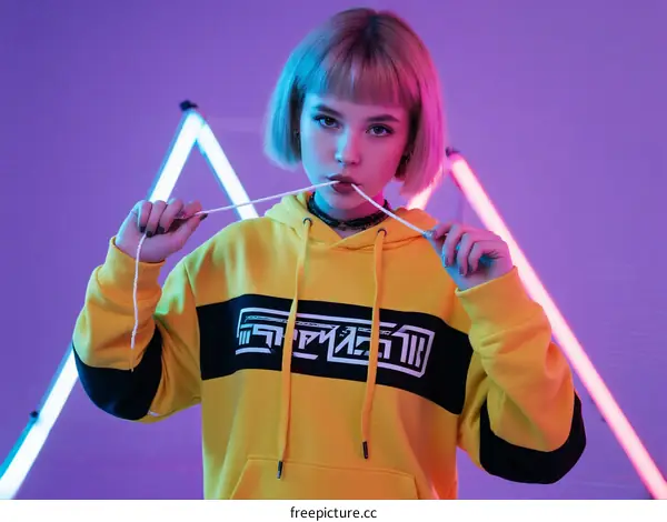 Young Woman Wearing Yellow Hoodie with Neon Light Background