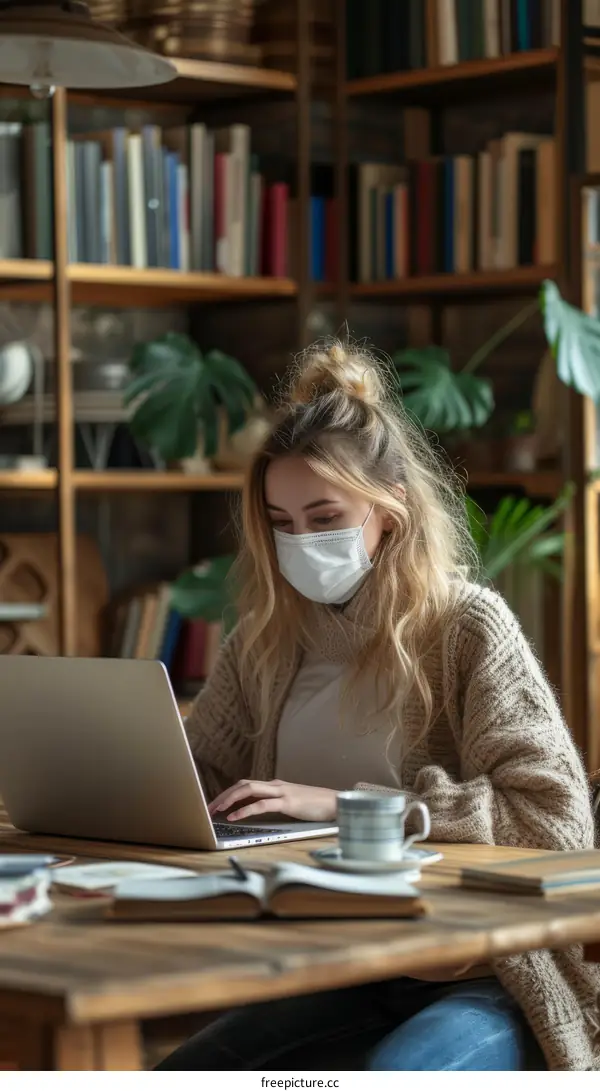 Young woman wearing a mask while using laptop at home