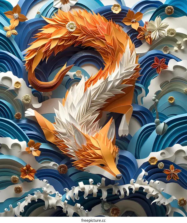 Papercut fox in the sea of flowers