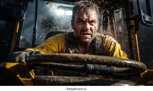 A determined man driving a bulldozer through a mudslide